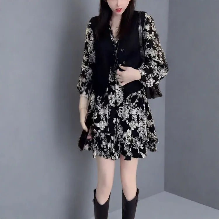 2025秋季新款时尚气质显瘦马甲搭配长袖印花连衣裙休闲两件套装女