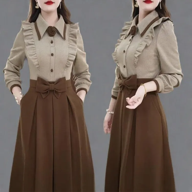 时尚假两件长袖连衣裙女2025秋季新款洋气显瘦设计感中长款休闲裙