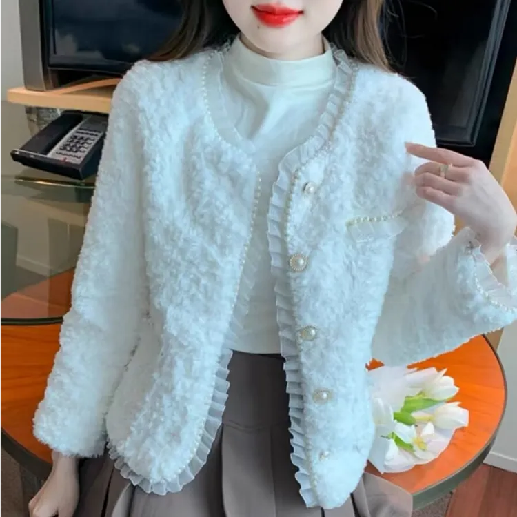 仿皮草小香风外套女秋冬季新款韩系高质感蕾丝珠边仿兔毛外套上衣