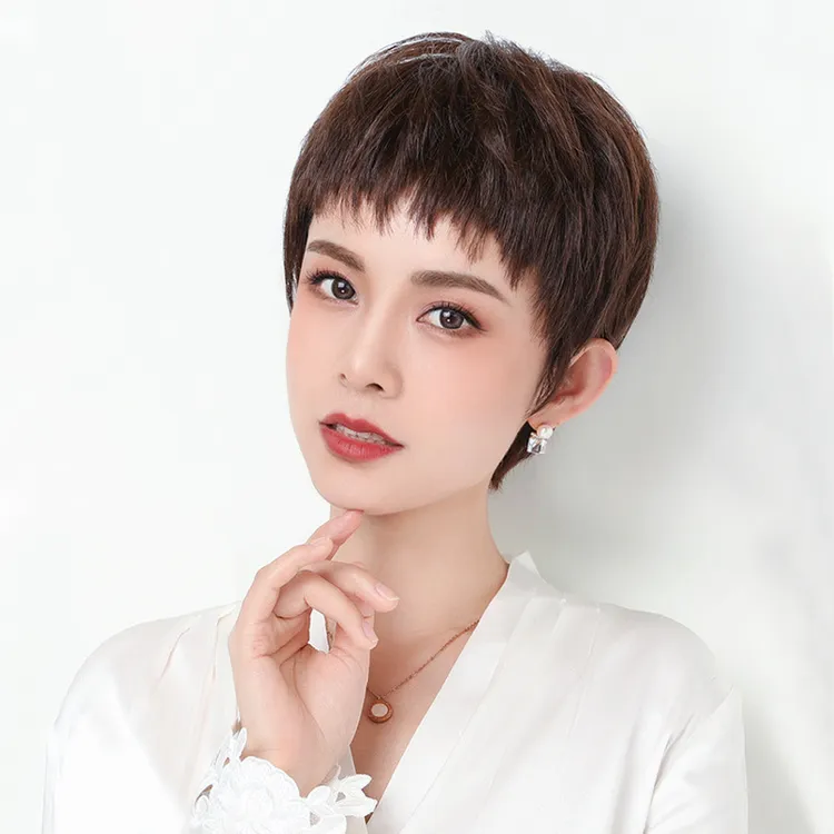 法式百搭全手织真发假发全头套时尚自然减龄女短发狗啃刘海假发套