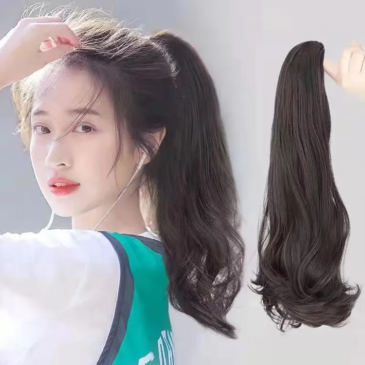 网红少女韩式黑色抓夹高马尾绑带式自然微卷蓬松仿真假马尾假发女