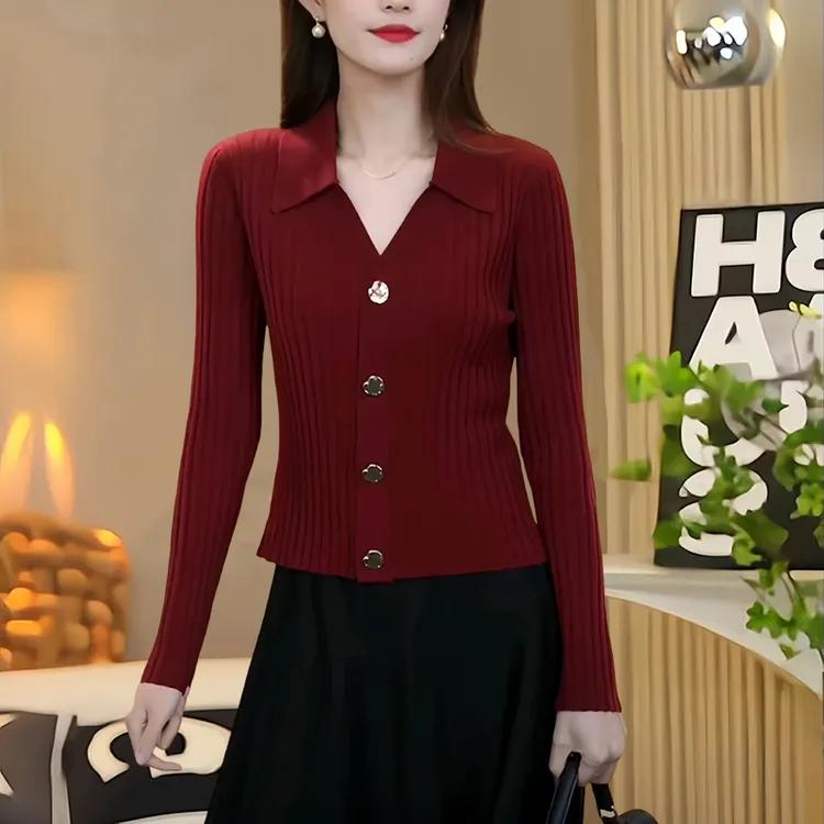 韩版安可拉红polo领长袖针织开衫女秋季新款显瘦打底上衣短款毛衣