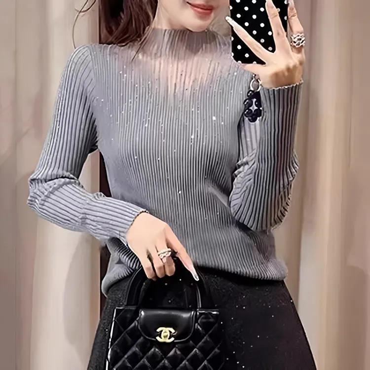 设计感重工烫钻修身针织衫秋冬新款韩系显瘦内搭毛衣套头打底上衣