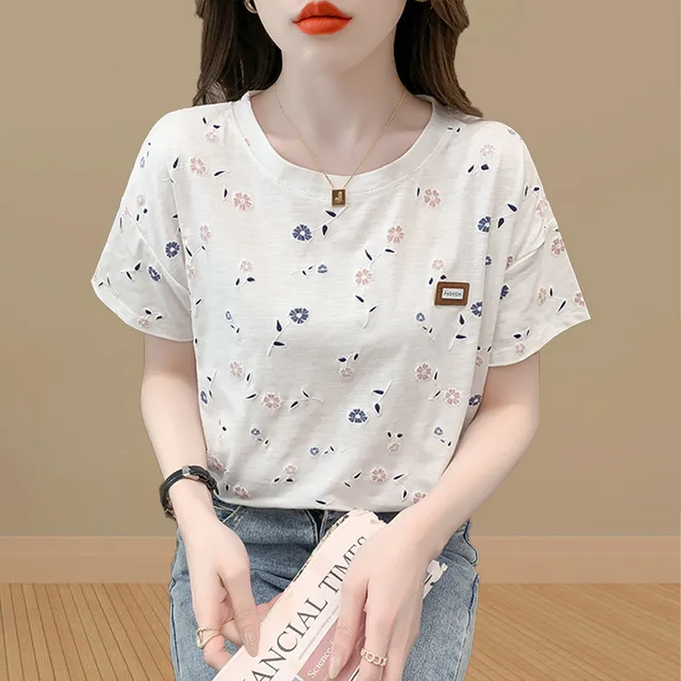 夏季新款圆领满印碎花设计短袖T恤女气质显瘦百搭发泡休闲上衣潮