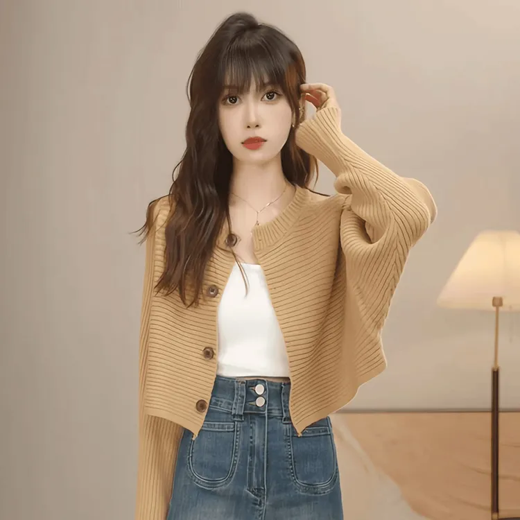秋冬新款复古小个子短款坑条针织开衫女宽松圆领百搭毛衣长袖上衣