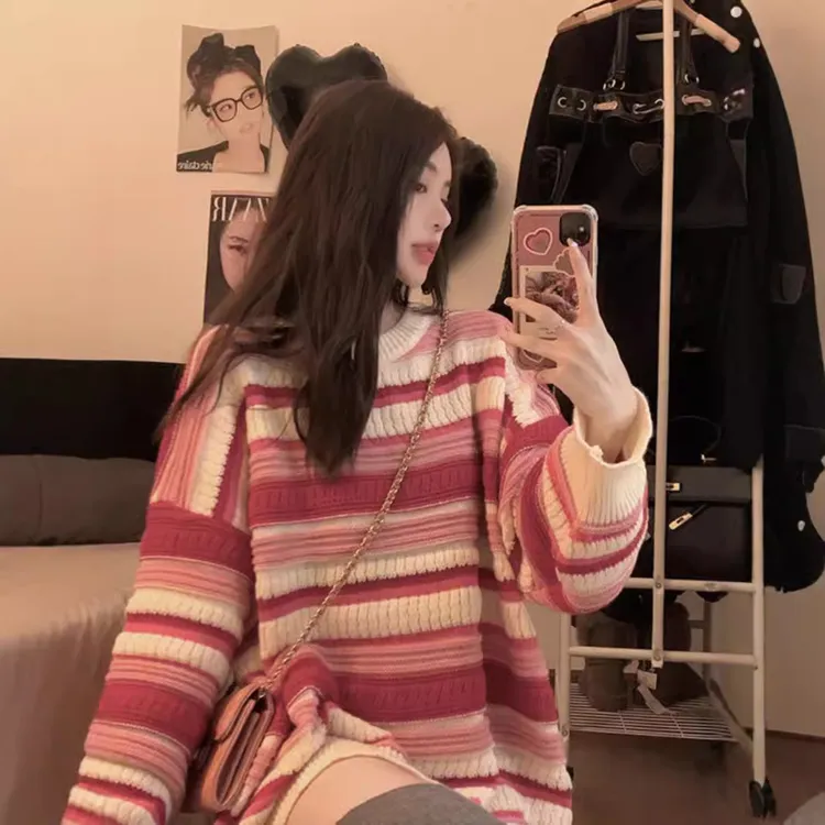 秋冬慵懒风软糯撞色条纹长袖毛衣圆领宽松外穿百搭显瘦针织衫上衣
