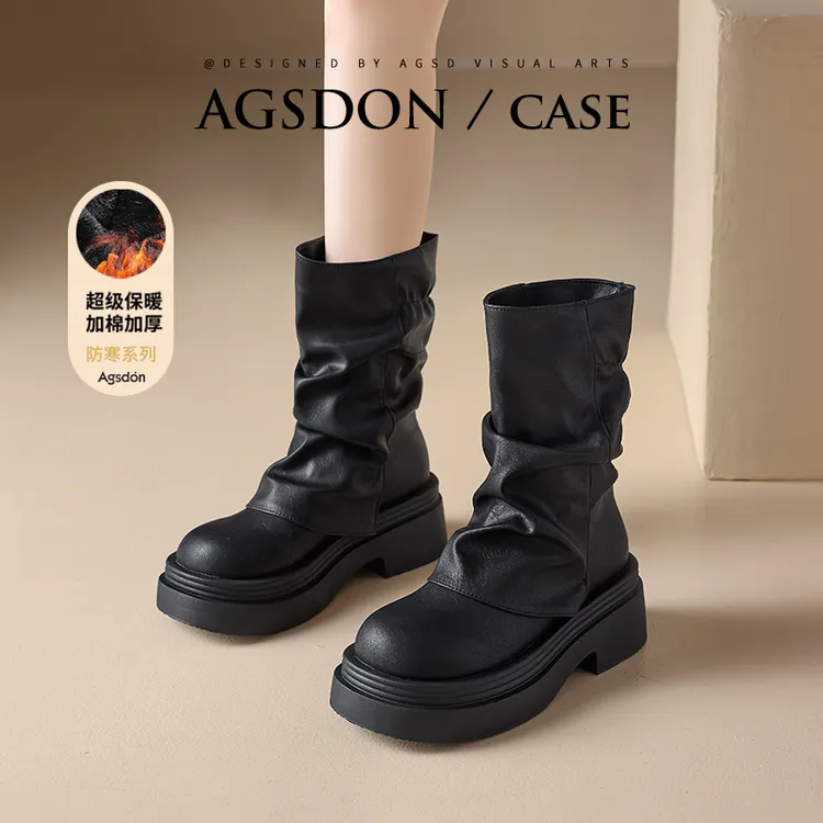 奥古狮登加绒马丁靴女2025新款秋冬黑色厚底中筒褶皱堆堆靴短靴子