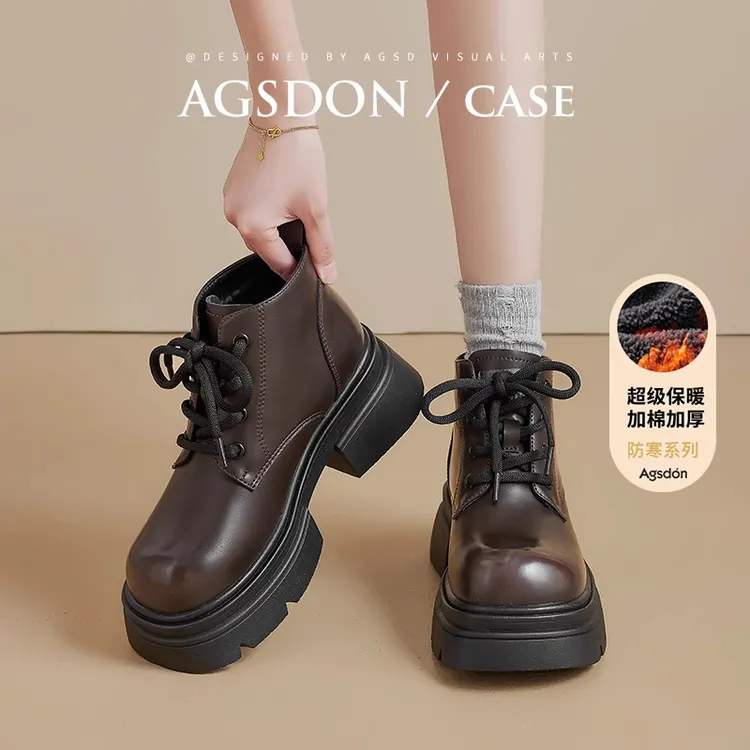 ~奥古狮登棕色加绒马丁靴女2025新款秋冬英伦风厚底小皮靴短靴爆W