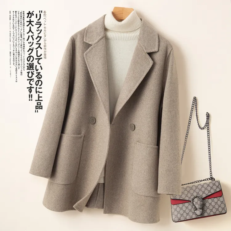 双面呢大衣女中长款高端呢子直筒宽松显瘦秋冬西装领毛呢外套