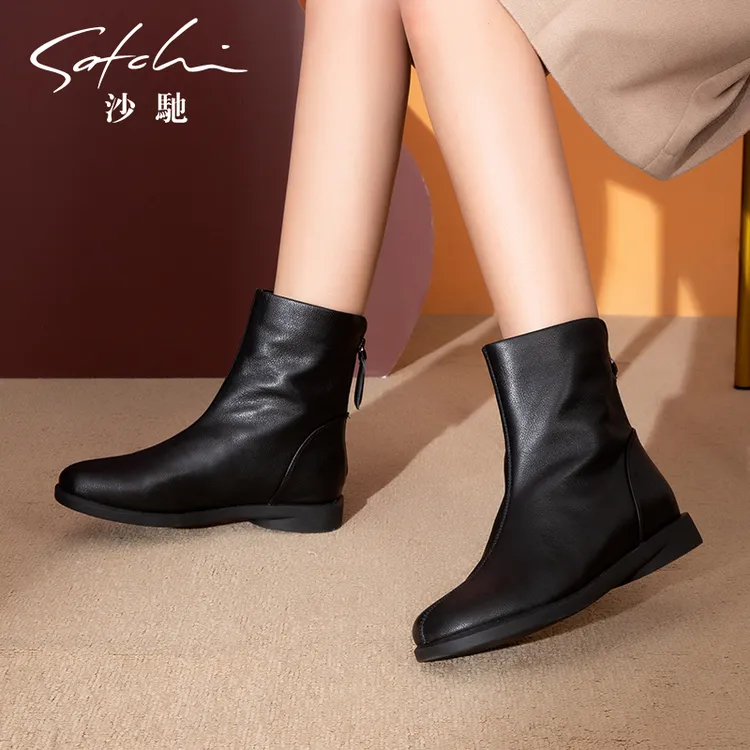 沙驰女鞋真皮加绒2024秋冬款小姨鞋后拉链黑色时尚平底时装瘦瘦靴