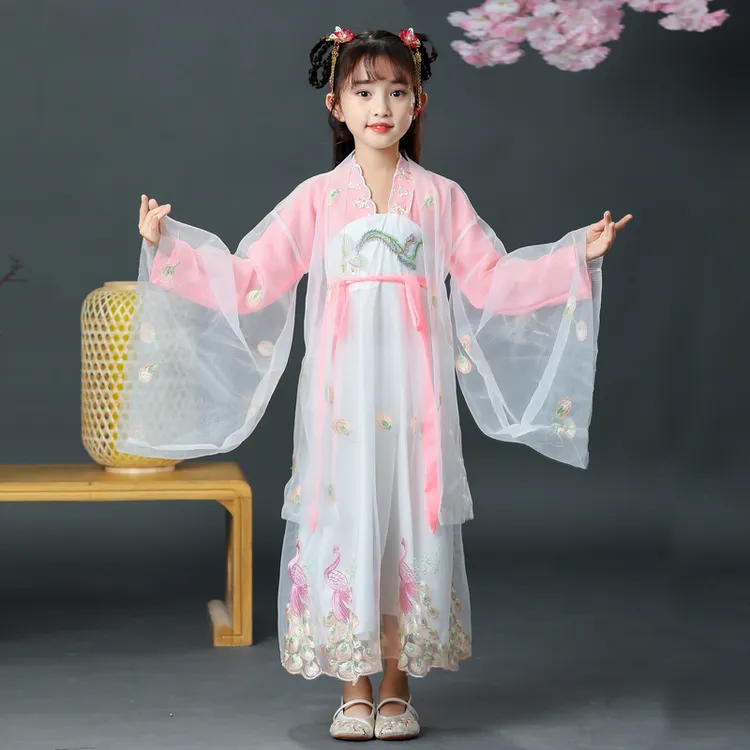 儿童汉服演出服女童古风古装中国风飘逸春秋公主薄款长袖连衣裙