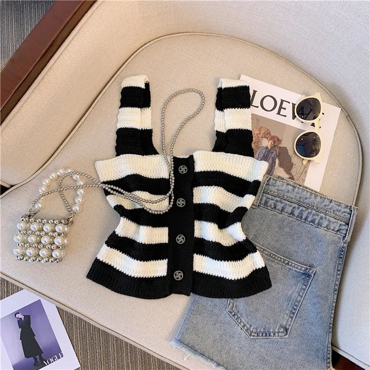 小香风黑白条纹针织吊带背心女夏外穿法式甜辣短款修身设计感上衣