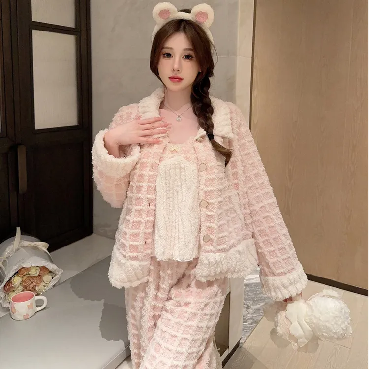 睡衣女款冬季新款珊瑚绒加绒加厚吊带长裤保暖套装冬天外出睡衣