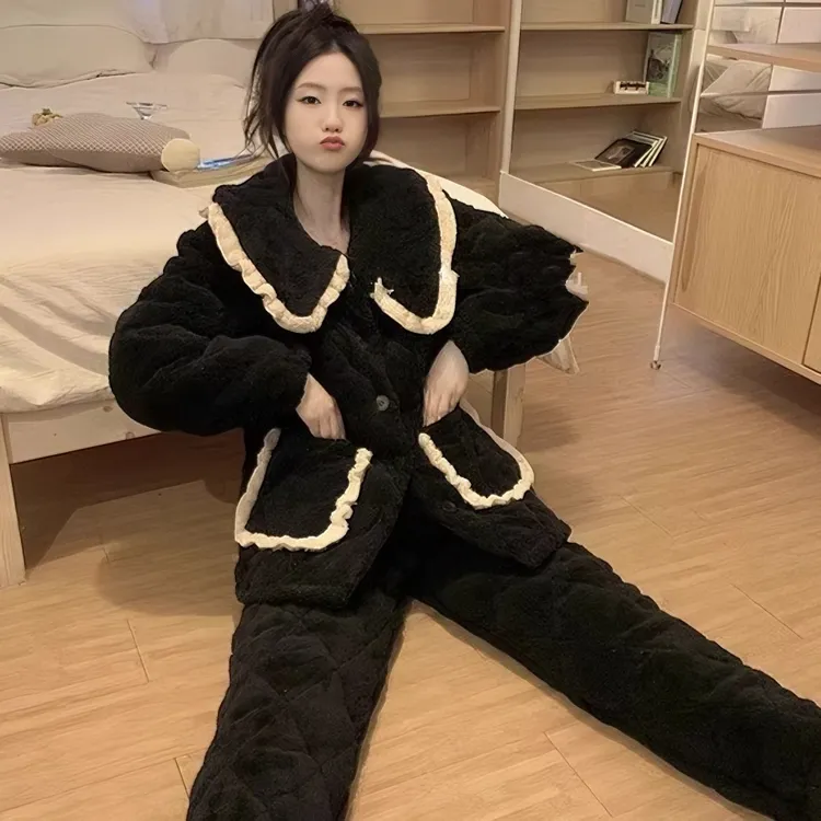 小香风睡衣女款冬季女士珊瑚绒夹棉三层加绒加厚保暖外出家居服