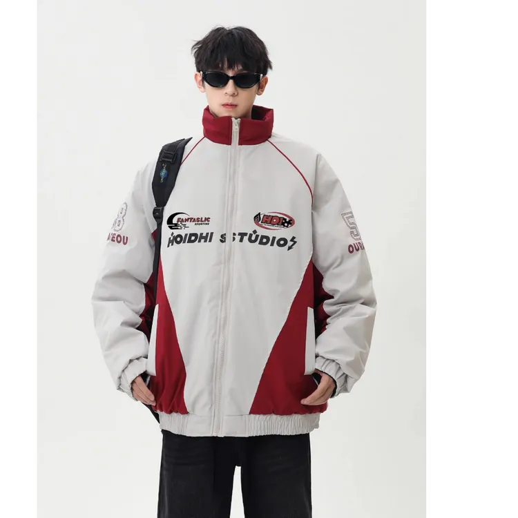 美式复古撞色防水印花立领机车男潮牌春秋冬新款宽松休闲棉服外套