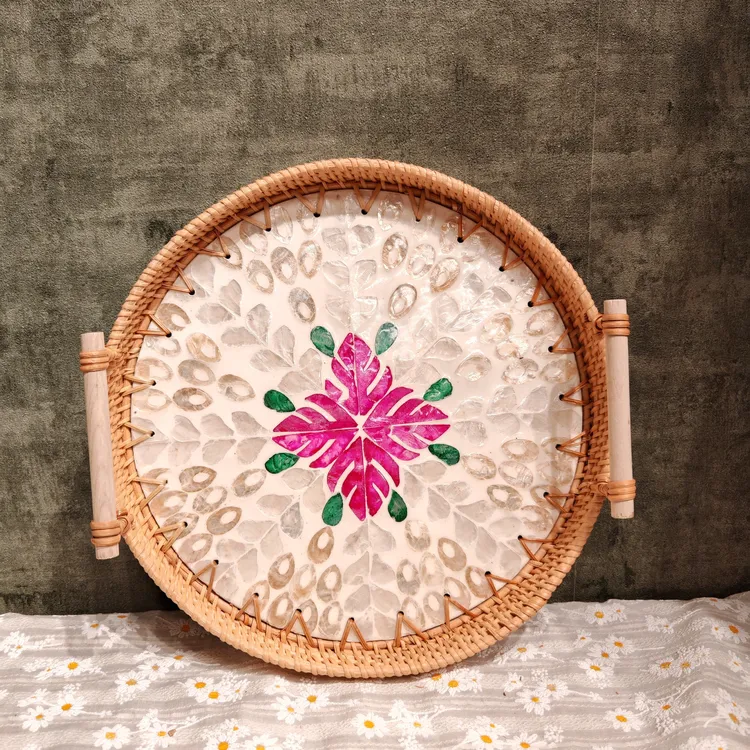 H越南真藤手工编织24*3圆形榉木提手贝壳托盘客厅桌面装饰水果盘