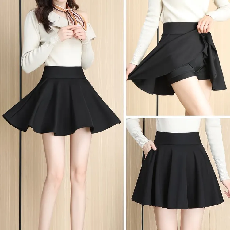 短裙女半身裙秋季新款高腰显瘦a字蓬蓬裙松紧腰百褶裙黑色大摆裙