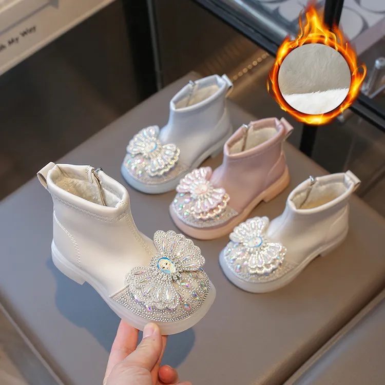 女童短靴水晶公主鞋2025冬季新款加绒儿童靴子卡通小女孩棉靴皮靴