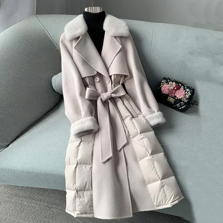 2025冬季新款潮流保暖加厚中长款显瘦显高毛呢拼接羽绒外套
