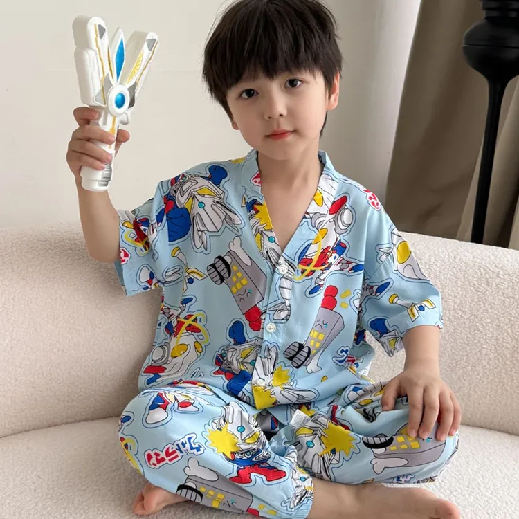 儿童棉绸睡衣男孩夏季薄款短袖空调服套装奥特曼宝宝女童家居服