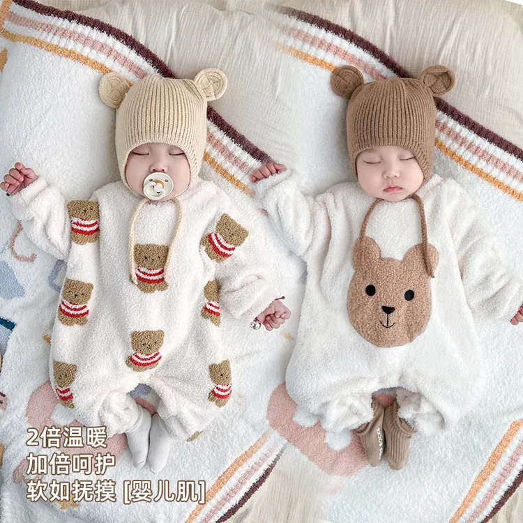 萌娃穿搭韩系婴儿加绒连体衣可爱软绵绵小熊哈衣爬服秋冬婴童