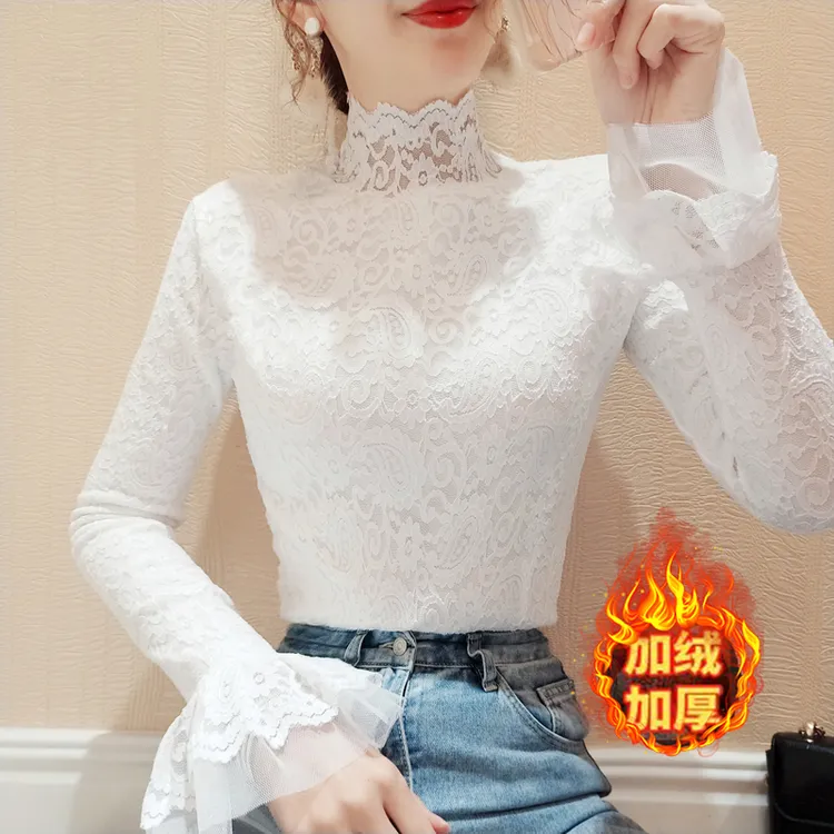 喇叭袖加绒加厚蕾丝打底衫女冬季百搭高领保暖内搭女人味显瘦上衣