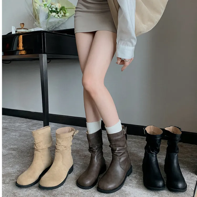 潮流女鞋~韩系圆头褶皱粗跟厚底皮带扣百搭堆堆中筒靴女秋瘦瘦靴