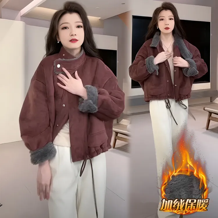 皮毛一体抽绳羊羔毛短外套2025冬季新款女士短款皮毛一体貂绒外套