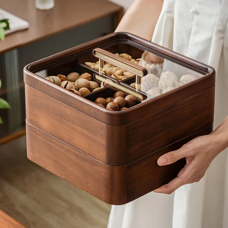 胡桃木实木单双层干果盒可叠糖果盒零食收纳盒茶空间装饰摆件