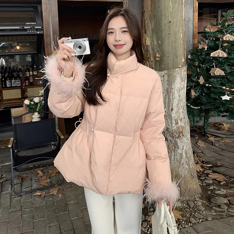 蜜桃粉新中式小香风羽绒服女2025年冬季新款珍珠扣白鸭绒国风外套