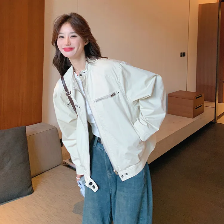 米白色工装外套女短款2025年春秋新款韩系小个子休闲百搭夹克上衣