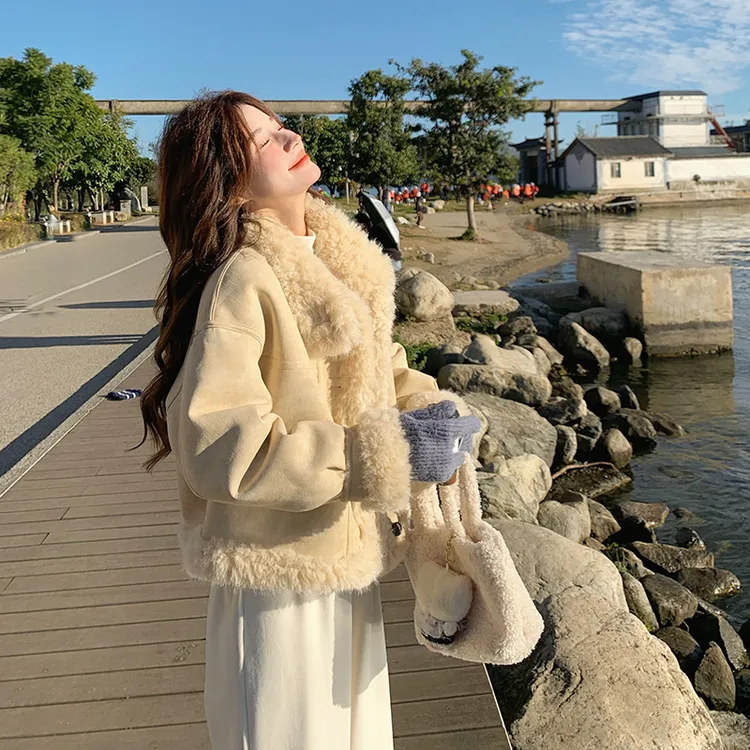 韩系甜美超好看皮毛一体短外套女冬季2025新款加绒加厚麂皮绒上衣