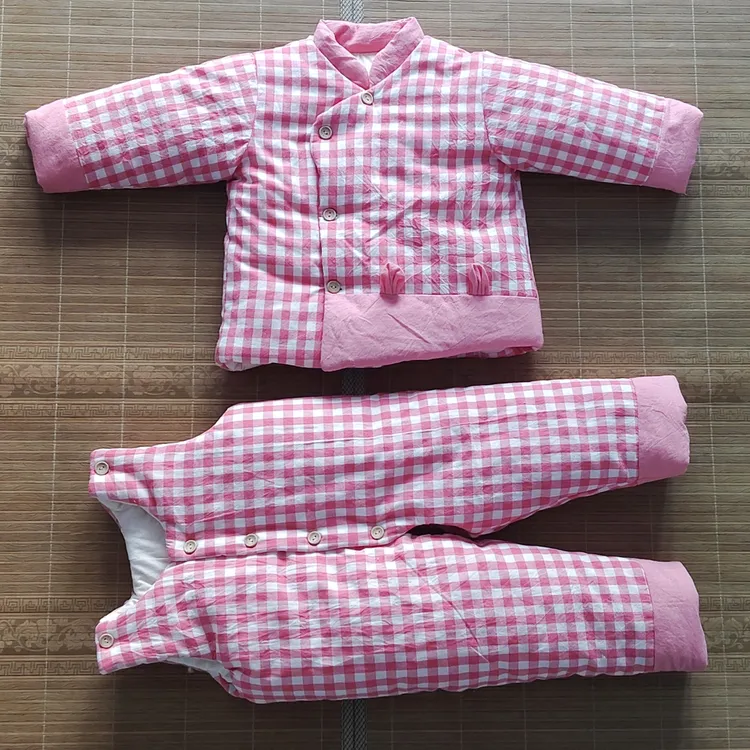 婴幼儿手工棉衣拼接格子款棉袄棉裤套装冬季加厚
