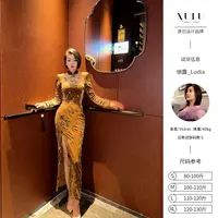 XULU原创丝绒重工绣花亮片旗袍复古大气斜襟优雅女人味连衣裙