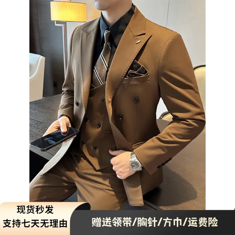 意式双排扣西装套装男商务职业正装西服套装男士结婚休闲修身韩版