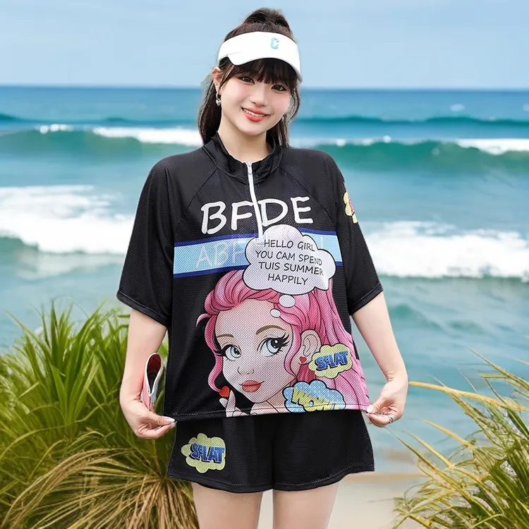 大码泳衣分体三件套时尚洋气显瘦户外印花速干温泉泳装夏季韩版女