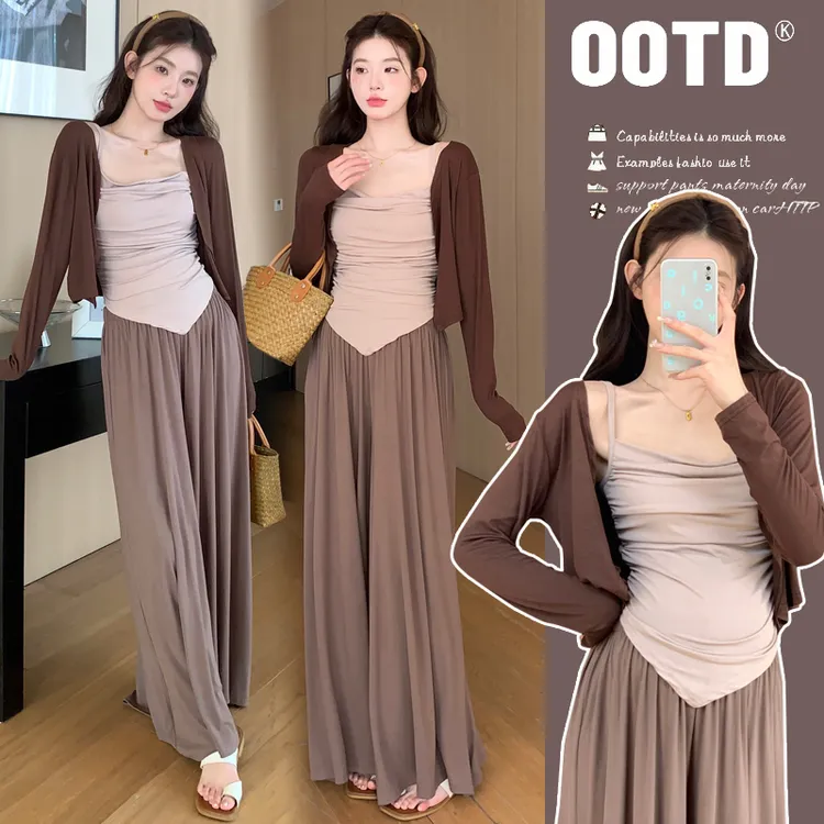 孕妇套装秋季新款休闲显瘦百搭开衫+吊带背心+阔腿裤孕妇三件套