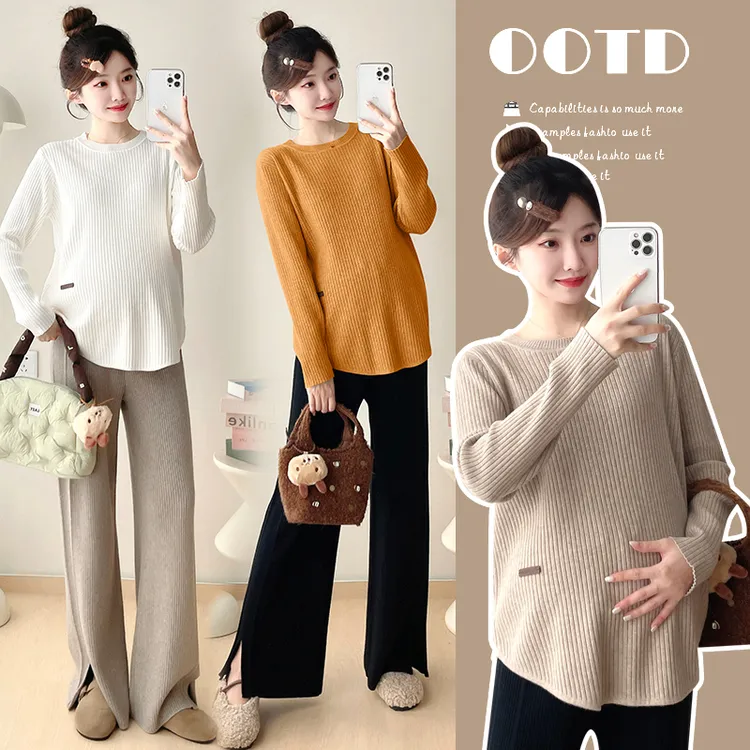 2025春季新款孕妇装针织圆领弧形设计毛衣百搭打底衫孕妇上衣女