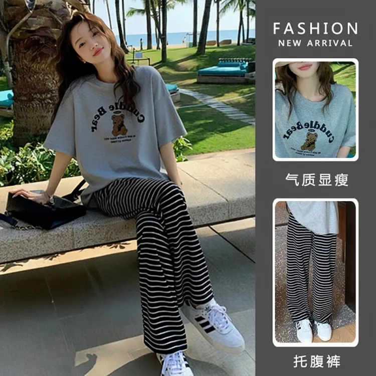 生完也能穿的孕妇韩版夏季猪鼻扣条纹阔腿裤小熊上衣时尚辣妈款