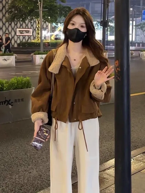 短款加绒加厚麂皮绒外套女冬装新款2024年韩版小个子宽松休闲上衣