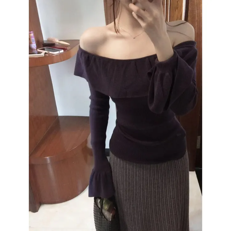 紫雾法式气质露肩喇叭袖针织衫小众设计感半身裙子两件套装女春季