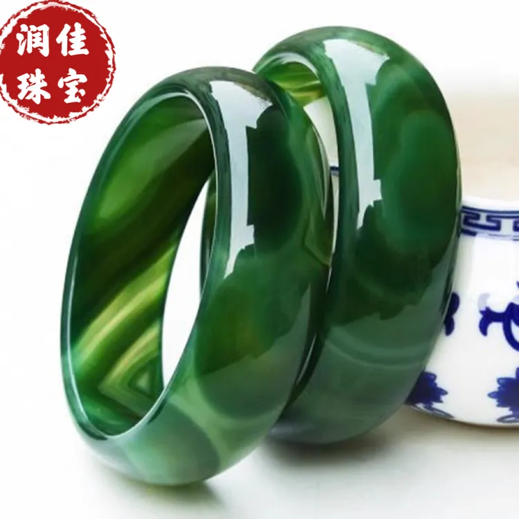 天然水草玛瑙手镯加宽加厚草绿色玉髓镯子轮胎女多样性发拍一发一