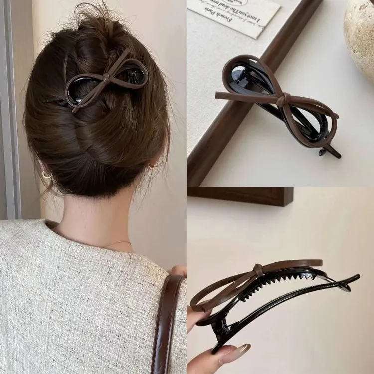 气质皮质蝴蝶结扭扭夹女后脑勺盘发高级感一字夹头饰2024年新款