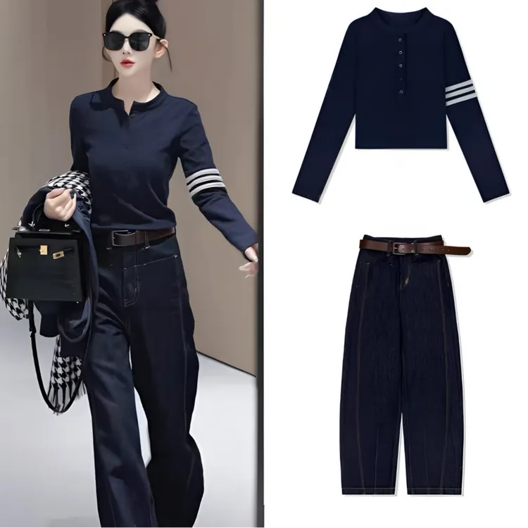 纽扣三条杠柔软棉T恤女春秋新款高贵显瘦百搭休闲长袖上衣潮