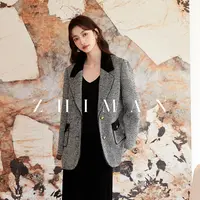 至漫ZHIMAN【劳伦女孩】复古彩点人字纹花呢丝绒拼接西装外套新款