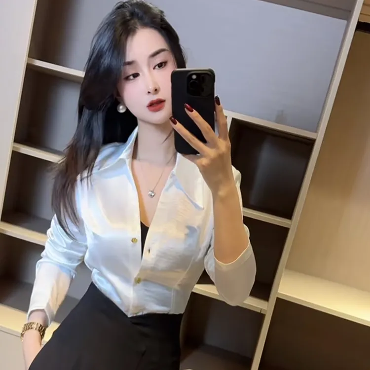 小众法式气质女人味时尚翻领衬衫女秋季2025琥珀流光显瘦百搭上衣