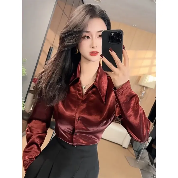 法式优雅风琥珀流光长袖衬衣2025秋季新款时尚气质修身显瘦衬衫女
