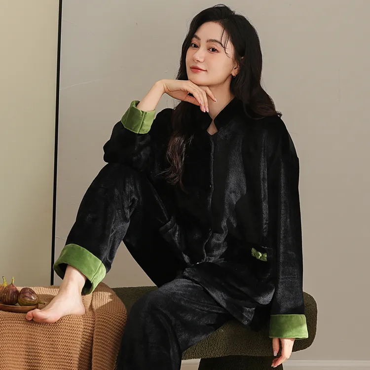 【新品福利】冬季珊瑚绒睡衣女新中式加厚保暖秋冬法兰绒家居服套装