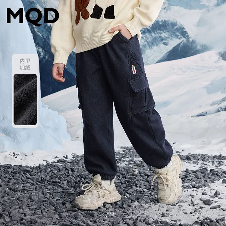 MQD童装儿童冬季新品学院风潮酷加绒休闲牛仔裤9644W1426