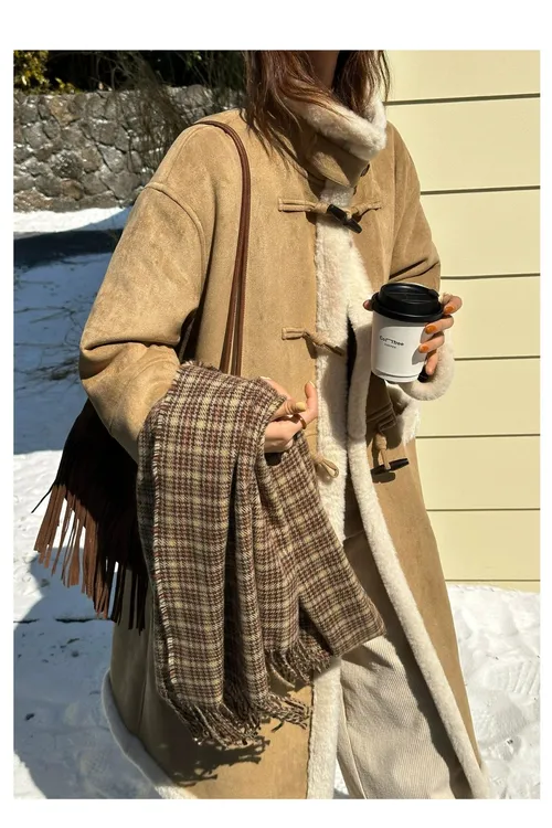 复古高级宽松立领保暖韩系百搭日常休闲通勤皮毛一体牛角扣长大衣